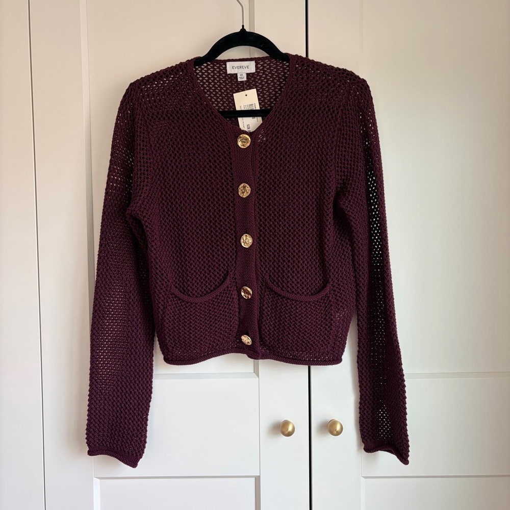 Evereve Burgundy Emery Open Stitch Cardigan with Gold Buttons | XS - Picture 3 of 7
